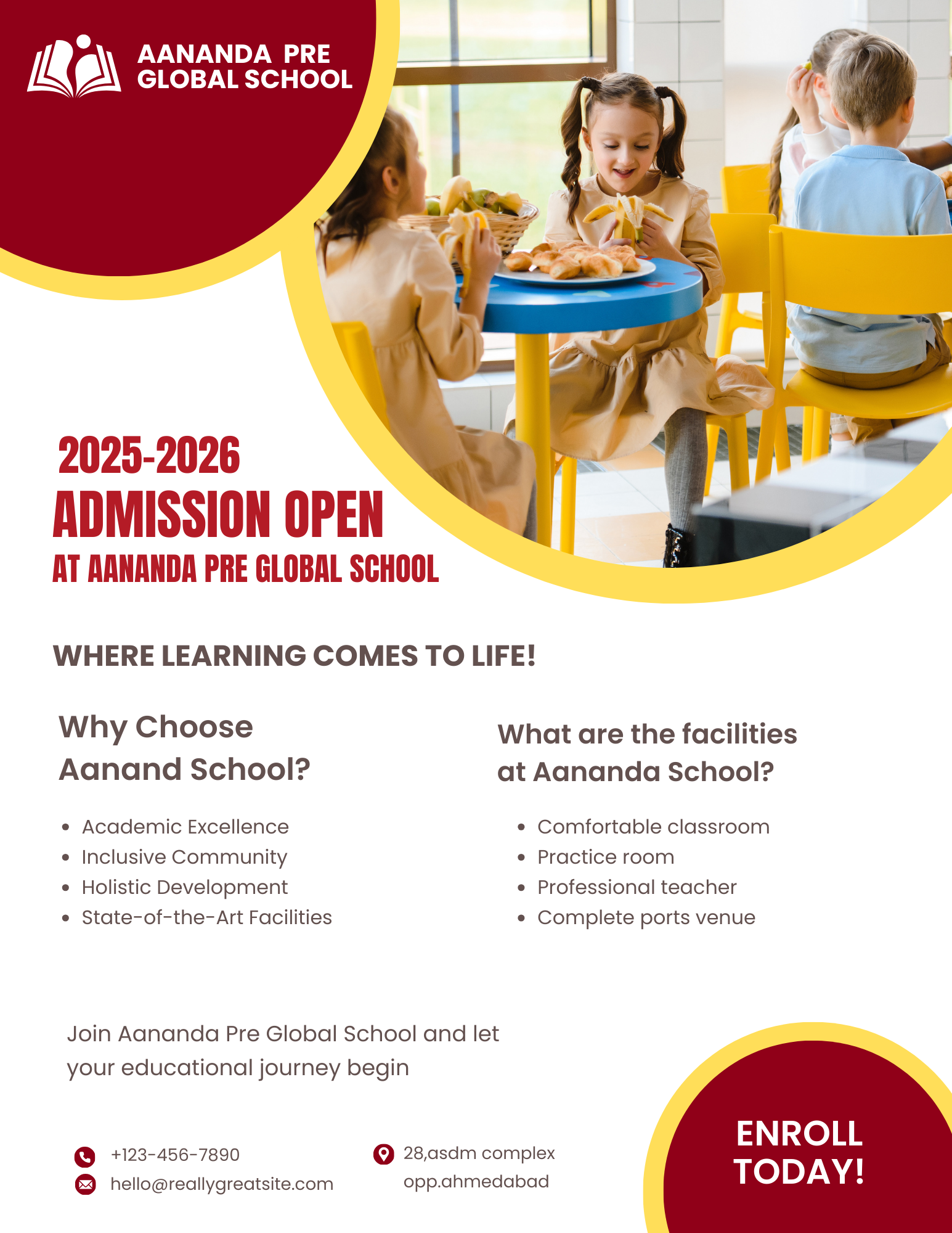 red and yellow modern school admission flyer